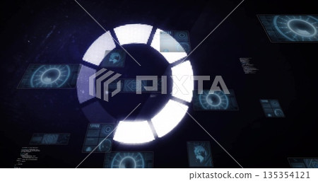 Rotating circular progress indicator in dark interface, with HUD showing charts, maps and code 135354121