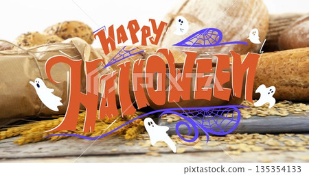 Decorating Happy Halloween graphic overlaying wood table, with baguettes paper bag and wheat grains Decorating Happy Halloween graphic overlaying wood table, with baguettes paper bag and wheat grains 135354133