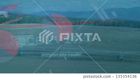 Operating center pivot irrigation system across farmland with digital UI monitoring transfer 135354136