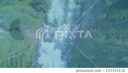 Flowing river-waterfall carving gorge in fir trees from aerial view, with grid overlay and charts Flowing river-waterfall carving gorge in fir trees from aerial view, with grid overlay and charts 135354138