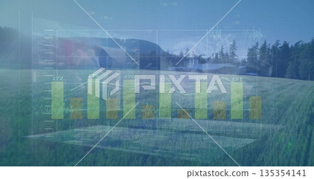 Displaying translucent green bar chart with white line graph over rural meadow at forest edge, Displaying translucent green bar chart with white line graph over rural meadow at forest edge, 135354141