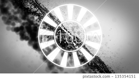 Displaying circular countdown timer at 100 in digital art, with segmented rings, black smoke cloud Displaying circular countdown timer at 100 in digital art, with segmented rings, black smoke cloud 135354151