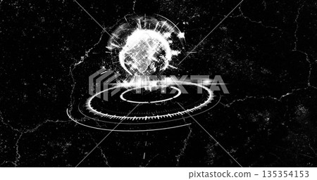 Hovering holographic Earth globe displaying rings in grunge digital interface with glitch effects 135354153