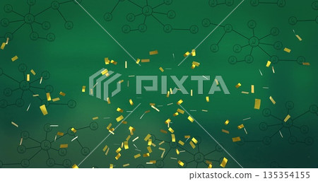 Displaying scattered gold confetti strips gleaming on green chalkboard, molecular network diagrams 135354155