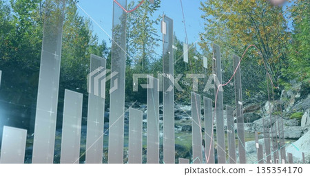 Displaying transparent financial bar charts and line graphs over mountain stream, with data labels Displaying transparent financial bar charts and line graphs over mountain stream, with data labels 135354170