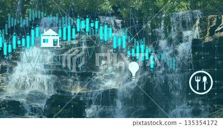 Falls flowing over mossy ledges in woods with financial graphs and house, lightbulb, dining icons 135354172