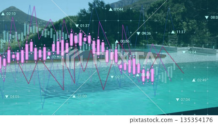 Displaying resort swimming pool reflecting forested hills, with ladder and financial chart overlays 135354176