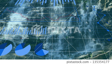 Cascading waterfall flowing over mossy rocks in forest stream with digital chart and grid overlays Cascading waterfall flowing over mossy rocks in forest stream with digital chart and grid overlays 135354177