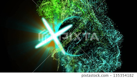 Radiating turquoise cross-shaped light source glowing in digital void with particle cloud and ring 135354182