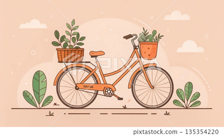 Cream colored bicycle with leafy plants in baskets warm pastel background 135354220