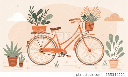 Cream colored bicycle with leafy plants in baskets warm pastel background 135354221