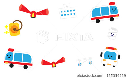 可愛的邊框插圖，配有救護車和醫療用品。 135354239