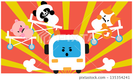 救護車和擔架上的動物的可愛插圖 救護車和擔架上的動物的可愛插圖 135354241