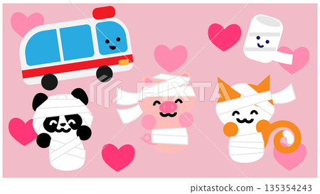 可愛的醫學插圖，描繪了纏著繃帶的動物和一輛救護車。 135354243