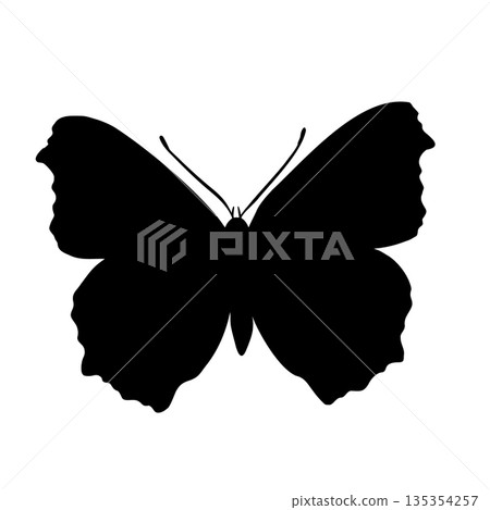 Butterfly black vector silhouette isolated on white background. Decorative butterfly flat shape hand drawn for icon or simple design element. Monochrome insect spread wings. Butterfly black vector silhouette isolated on white background. Decorative butterfly flat shape hand drawn for icon or simple design element. Monochrome insect spread wings. 135354257