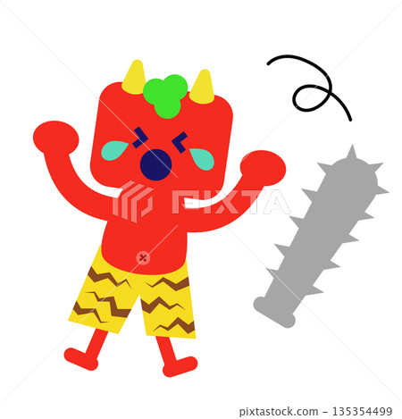 一幅可愛的童話人物插畫，描繪了一個揮舞著帶刺木棍的紅色惡魔。 135354499