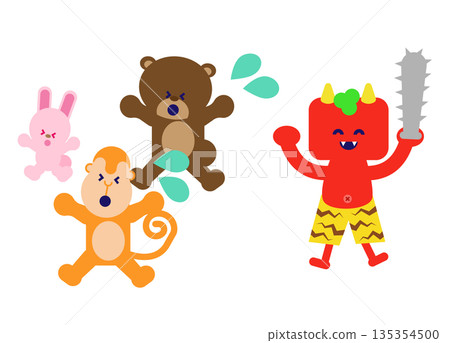 可愛的童話人物插畫，描繪了惡魔和動物彼此對峙的場景。 135354500