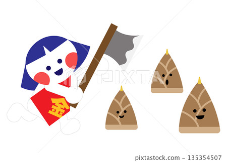 一幅可愛的老式插圖，描繪了金太郎用斧頭劈竹子。 135354507