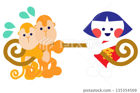 一幅可愛的童話插圖，描繪了金太郎和猴子玩拔河比賽的場景。 135354509