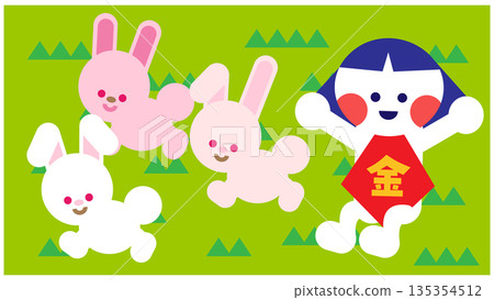 一幅可愛的童話插畫,描繪了金太郎和兔子們一起奔跑的場景。 一幅可愛的童話插畫,描繪了金太郎和兔子們一起奔跑的場景。 135354512
