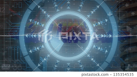 Displaying glowing central circular element within HUD, with triangular arrow icons and waveform 135354535