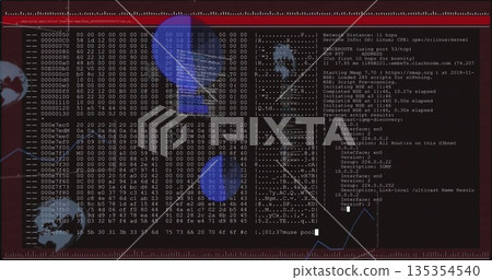 Displaying windows showing hex dump and network scan output on workstation, with red UI border 135354540