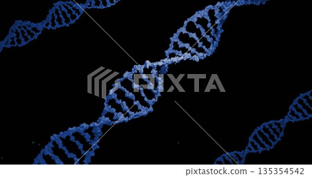 Spinning central DNA helix floating in molecular space, with glowing particle specks, blue strands 135354542
