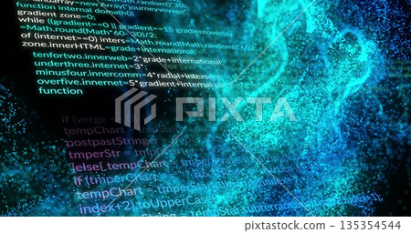 Displaying code and flowing data stream in software workspace, with glowing particles Displaying code and flowing data stream in software workspace, with glowing particles 135354544