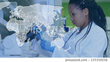 Pipetting scientist wearing lab coat, gloves at lab bench, with pipette and test tube, copy space 135354558