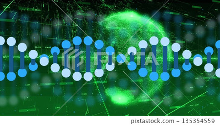 Displaying DNA helix floating over data interface, with particle globe, overlays and grid lines 135354559