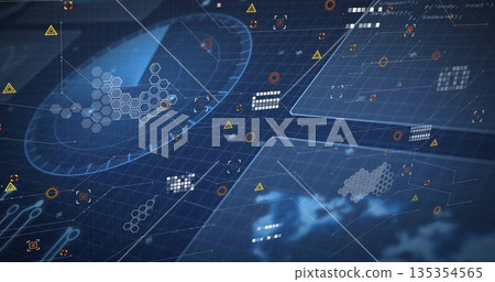Displaying holographic chart with hex clusters and warning icons over digital grid, copy space Displaying holographic chart with hex clusters and warning icons over digital grid, copy space 135354565