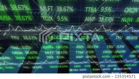Displaying market data overlay inside trading floor, with ticker symbols displayed on panels 135354571