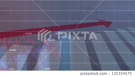 Rising thick red arrow filling grid lines in design studio, with blue pink charts, dotted bars 135354575