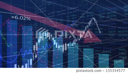 Dashboard showing candlestick and bar charts, line graphs on screen with red arrow, percent markers Dashboard showing candlestick and bar charts, line graphs on screen with red arrow, percent markers 135354577