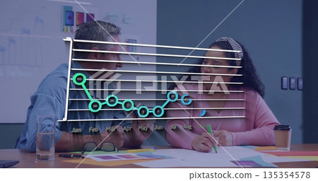 Analyzing line chart overlay with team reviewing color swatches and mockups at conference table Analyzing line chart overlay with team reviewing color swatches and mockups at conference table 135354578