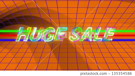 Floating glitch-style neon text reading HUGE SALE drifting in orange grid, with RGB scan lines Floating glitch-style neon text reading HUGE SALE drifting in orange grid, with RGB scan lines 135354586
