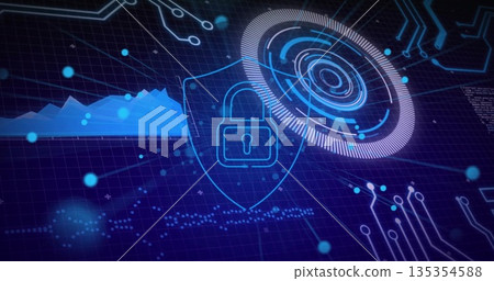 Projecting glowing shield outline securing virtual data grid interface, with circular HUD element 135354588