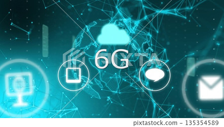 Showing 6G cloud icon floating over wireframe globe in cyberspace with tablet, chat, envelope icons 135354589