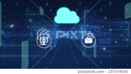 Streaming cloud icon sending data across digital network, with globe monitor and envelope icons Streaming cloud icon sending data across digital network, with globe monitor and envelope icons 135354593