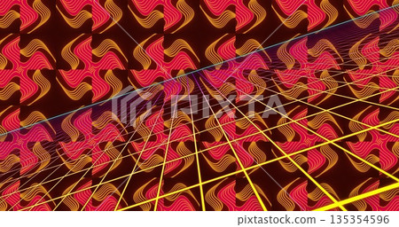 Yellow-white grid plane receding in virtual space, with cyan curve and neon-pink-gold wave tiles Yellow-white grid plane receding in virtual space, with cyan curve and neon-pink-gold wave tiles 135354596