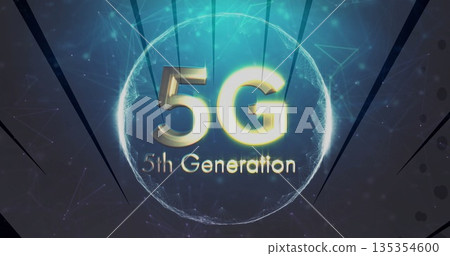 Rotating gold 5G text and 5th Generation subtitle in network ring, data nodes and vertical beams 135354600