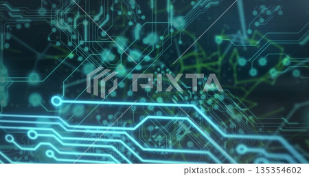 Showing neon circuit traces forming data network in digital environment, glowing nodes 135354602