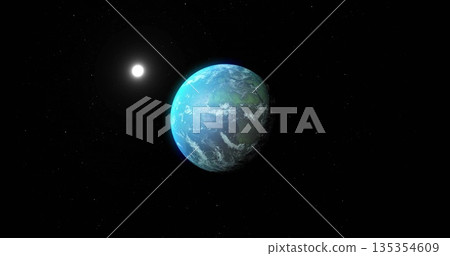 Rotating Earth-like planet orbiting in space, with bright star halo, distant star field, copy space 135354609