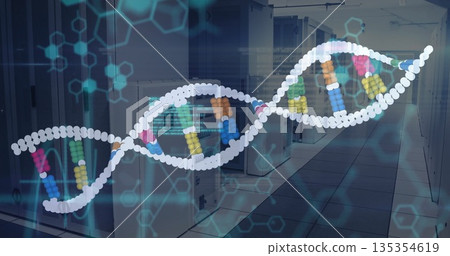 Displaying digital DNA helix floating above data center, with server cabinets and hexagon overlay 135354619