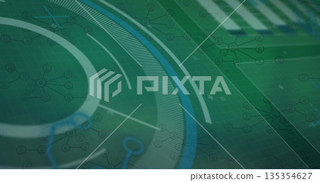 Displaying abstract network graphic in virtual digital interface, with grid pattern and node icons Displaying abstract network graphic in virtual digital interface, with grid pattern and node icons 135354627