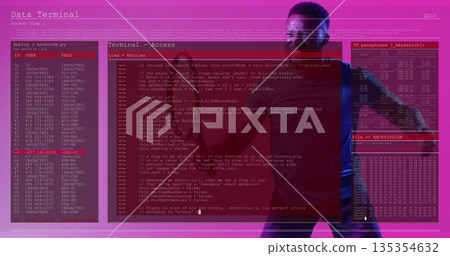 Showing man in red sweater presenting code in tech lab with code editor panel, encryption panel Showing man in red sweater presenting code in tech lab with code editor panel, encryption panel 135354632