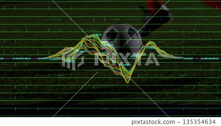 Showing soccer ball resting on grass field, featuring leg wearing red shorts and data overlay Showing soccer ball resting on grass field, featuring leg wearing red shorts and data overlay 135354634
