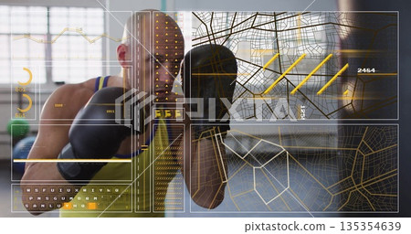 Throwing punch boxer wearing neon green tank top, boxing gloves in gym by windows with HUD 135354639
