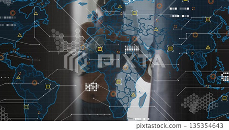 Operating touchscreen Black male wearing smartwatch in office, with map and colored data nodes Operating touchscreen Black male wearing smartwatch in office, with map and colored data nodes 135354643