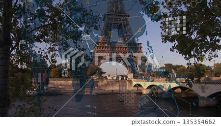 Framing branches showing Eiffel Tower rising over Seine bank with Pont d'Iéna, overlaying world map Framing branches showing Eiffel Tower rising over Seine bank with Pont d'Iéna, overlaying world map 135354662